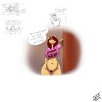  anthro big_breasts bottomless breasts clothed clothing digital_media_(artwork) drxii equid equine female friendship_is_magic genitals hair hasbro hi_res horse kobold lustre_(drxii) mammal my_little_pony pony pussy red_hair simple_background solo starry-eyed_surprise text text_on_clothing 
