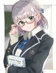  1girl absurdres adjusting_eyewear bangs black-framed_eyewear blazer blunt_bangs blush breasts closed_mouth eyebrows_visible_through_hair glasses green_eyes grey_hair head_tilt highres hololive jacket large_breasts lips long_sleeves looking_at_viewer school_uniform semi-rimless_eyewear shirogane_noel short_hair smile smug solo tatedano_kabae under-rim_eyewear uniform upper_body virtual_youtuber 