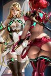  2girls aegis_sword_(xenoblade) ass back bangs banned_artist bare_shoulders black_gloves blonde_hair blush breasts chest_jewel cleavage cleavage_cutout clothing_cutout dress earrings elbow_gloves fingerless_gloves gloves jewelry large_breasts looking_at_viewer looking_back multiple_girls mythra_(xenoblade) pyra_(xenoblade) red_eyes red_hair red_shorts short_dress short_hair short_shorts shorts swept_bangs thighs tiara white_dress white_gloves xenoblade_chronicles_(series) xenoblade_chronicles_2 yellow_eyes zumi_(zumidraws) 