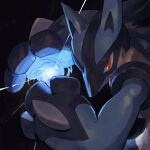  black_background closed_mouth energy_ball frown garrett_hanna gen_4_pokemon highres lucario no_humans pokemon pokemon_(creature) red_eyes solo spikes yellow_fur 