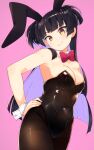  1girl alternate_costume animal_ears bangs black_hair black_legwear black_leotard bow bowtie breasts brown_eyes bunny_ears covered_navel detached_collar fake_animal_ears fishnet_legwear fishnets hand_on_hip highres idolmaster idolmaster_shiny_colors leotard long_hair looking_at_viewer mayuzumi_fuyuko medium_breasts pantyhose pink_background playboy_bunny red_neckwear simple_background smile solo strapless strapless_leotard two_side_up usadaex wing_collar wrist_cuffs 