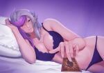  1girl absurdres bed bessho_emma breasts card cleavage cowboy_shot eyebrows_visible_through_hair grey_hair highres holding holding_card large_breasts looking_at_viewer lying multicolored_hair muto_dt on_side parted_lips pillow purple_eyes purple_hair shadow smile solo two-tone_hair yu-gi-oh! yu-gi-oh!_vrains 