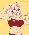  1girl abs armpits biceps breasts dorohedoro earrings jewelry large_breasts long_hair looking_at_viewer muscular muscular_female noi_(dorohedoro) nortuet red_eyes shirt simple_background smile solo white_hair 