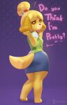  2021 animal_crossing anthro bottomwear canid canine canis clothed clothing dialogue domestic_dog english_text eyelashes female fur hi_res isabelle_(animal_crossing) looking_at_viewer looking_back mammal nintendo olexey_oleg rear_view shih_tzu skirt solo standing text topwear toy_dog video_games yellow_body yellow_fur 