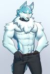 2021 abs anthro belt biceps blue_body blue_eyes blue_fur bottomwear brand_new_animal canid canine canis clothed clothing collar fur gloves handwear hi_res jrjresq male mammal multicolored_body multicolored_fur muscular muscular_anthro muscular_male neck_tuft pants pants_down partially_clothed pecs pinup pose pubes shirou_ogami simple_background solo studio_trigger topless triceps tuft two_tone_body two_tone_fur undressing white_body white_fur wolf 