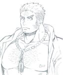  1boy bara bare_pecs bead_necklace beads chest_hair facial_hair frown harada_(basashi) hood hooded_jacket houzouin_oniwaka jacket jewelry large_pectorals long_sideburns looking_at_viewer male_focus mature_male muscular muscular_male necklace nipples open_clothes open_jacket portrait scar_on_forehead short_hair sideburns solo stubble thick_eyebrows tokyo_houkago_summoners upper_body 