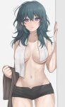  1girl artist_name bangs black_shorts blue_eyes blue_hair breasts byleth_(fire_emblem) byleth_(fire_emblem)_(female) cowboy_shot fire_emblem fire_emblem:_three_houses grey_background hair_between_eyes hand_up highres long_hair looking_at_viewer medium_breasts micro_shorts navel parted_lips shimizu_akina shorts solo standing stomach towel towel_around_neck twitter_username wet 