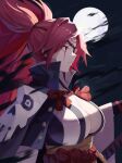  1girl baiken breasts cleavage closed_mouth eyepatch full_moon guilty_gear highres japanese_clothes large_breasts long_hair looking_away moon night night_sky ponytail profile red_eyes red_hair sky solo sooon upper_body 