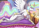  anthro breast_squish breasts chair crown eating equid equine female food fours_(artist) friendship_is_magic furniture genitals glowing glowing_horn hi_res horn jewelry levitation lounge_chair lying magic mammal muffin my_little_pony necklace nipples nude on_side princess_celestia_(mlp) pussy scroll solo squish tiara winged_unicorn wings 
