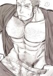  ! 1boy abs bara bare_pecs blush boxers chest_hair cowboy_shot facial_hair hairy harada_(basashi) houzouin_oniwaka japanese_clothes kimono large_pectorals leg_hair long_sideburns looking_at_viewer male_focus male_pubic_hair male_underwear mature_male muscular muscular_male navel nipples open_clothes open_kimono pubic_hair scar_on_forehead short_hair sideburns solo spoken_exclamation_mark stomach stubble sweatdrop thick_eyebrows tokyo_houkago_summoners underwear undressing 