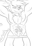  abs anthro biceps black_and_white clothing dad_bod demon digital_media_(artwork) dragon hands_behind_head hi_res jock jockstrap joykill loki_rel_zephyr male monochrome muscular muscular_anthro muscular_male pecs raised_arms scalie simple_background smile solo underwear white_background 