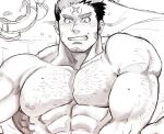  1boy abs arm_hair bara blush completely_nude doujinshi facial_hair hairy harada_(basashi) houzouin_oniwaka implied_sex large_pectorals male_focus mature_male motion_lines muscular muscular_male nipples nude out-of-frame_censoring short_hair sideburns solo stomach stubble tokyo_houkago_summoners upper_body 