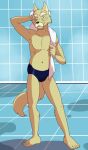  anthro barefoot blonde_hair blue_clothing blue_swimwear canid canine clothed clothing facial_hair feet hair hand_on_head male mammal mature_male mustache navel solo speedo swimwear thegreatmatsutzu topless towel 