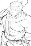  1boy abs arm_hair bara bare_pecs chest_hair facial_hair from_above harada_(basashi) horns houzouin_oniwaka large_pectorals long_sideburns male_focus mature_male muscular muscular_male nipples official_alternate_costume oni_horns over_shoulder scar_on_forehead scarf short_hair sideburns sketch solo stomach stubble thick_eyebrows tokyo_houkago_summoners weapon weapon_over_shoulder 