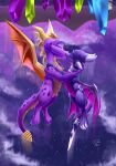  2021 activision claws cynder digital_media_(artwork) dragon duo female feral flying hi_res horn kissing male male/female membrane_(anatomy) membranous_wings purple_body purple_scales scales scalie spines spyro spyro_the_dragon tsitra360 video_games western_dragon wings 