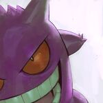  bright_pupils brown_eyes colored_sclera garrett_hanna gen_1_pokemon gengar highres looking_at_viewer no_humans open_mouth orange_sclera pokemon pokemon_(creature) solo teeth tongue white_background 