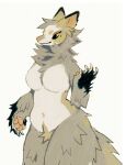  2021 anthro breasts brown_body brown_fur canid canine canis claws crotch_tuft female fluffy fur hi_res mammal multicolored_body multicolored_fur navel neck_tuft nude pawpads pubes simple_background slightly_chubby solo standing thorn_paw tuft white_background wolf yellow_sclera 