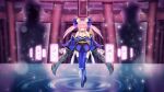  1girl animal_ear_fluff animal_ears artist_name bare_shoulders blue_kimono blue_legwear blue_ribbon breasts detached_sleeves eyebrows_visible_through_hair fate/extella fate/extra fate/extra_ccc fate/grand_order fate_(series) fox_ears fox_girl fox_tail full_body hair_ribbon highres japanese_clothes kaku-c_aji kimono large_breasts looking_at_viewer multiple_torii open_mouth outdoors pink_hair ribbon shrine solo tail tamamo_(fate)_(all) tamamo_no_mae_(fate) torii water yellow_eyes 