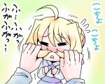  1girl ahoge artoria_pendragon_(all) blonde_hair chibi closed_eyes dress fate/stay_night fate_(series) open_mouth saber tukiwani 