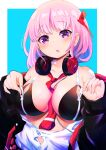  1girl :o bangs bare_shoulders between_breasts black_bra black_jacket blue_archive blush bra breasts commentary eimi_(blue_archive) eyebrows_visible_through_hair fingernails hair_ornament headphones headphones_around_neck highres jacket kbisuco large_breasts long_sleeves looking_at_viewer medium_hair nail_polish necktie necktie_between_breasts off_shoulder open_clothes open_jacket open_shirt pink_eyes pink_hair pink_nails red_neckwear shirt sidelocks solo underwear unzipping white_shirt zipper 
