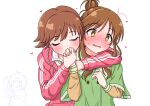  3girls :3 blush brown_hair chibi chibi_inset closed_eyes doumyouji_karin hair_bun hand_kiss heart highres honda_mio hug hug_from_behind idolmaster idolmaster_cinderella_girls jacket kiss long_hair multiple_girls phone short_hair sweatdrop takamori_aiko track_jacket upper_body white_background yuri yushii 