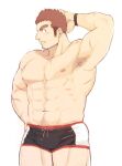  1boy abs armpit_hair armpits bara brown_hair bulge cowboy_shot facial_hair goatee gunzo_(tokyo_houkago_summoners) hand_on_own_head harada_(basashi) large_pectorals looking_to_the_side male_focus mature_male muscular muscular_male navel navel_hair nipples scar scar_on_cheek scar_on_face short_hair sideburns solo spiked_hair stomach stubble sweatdrop thick_eyebrows thick_thighs thighs tokyo_houkago_summoners underwear underwear_only 