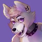  2021 animatronic anthro canid canine cheek_tuft collar digital_drawing_(artwork) digital_media_(artwork) ear_piercing facial_tuft fan_character female five_nights_at_freddy&#039;s fur head_tuft headshot_portrait looking_aside machine mammal mechanical_jaws multicolored_body multicolored_fur piercing portrait purple_eyes robot sharp_teeth solo spiked_collar spikes tan_body tan_fur teeth tuft video_games 