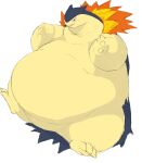  absurd_res ambiguous_gender anthro belly blue_hair feral fire hair hi_res morbidly_obese nintendo obese overweight pok&eacute;mon pok&eacute;mon_(species) simple_background solo typhlosion video_games yellow_belly yellow_body zephy_03 