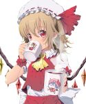  1girl absurdres ascot bangs blush bow brown_hair clip_studio_paint_(medium) commentary_request covered_mouth crystal cup drinking eudetenis eyebrows_behind_hair flandre_scarlet hair_between_eyes hat highres holding holding_cup long_hair looking_at_viewer mob_cap mug puffy_short_sleeves puffy_sleeves red_bow red_eyes red_skirt red_vest remilia_scarlet shirt short_sleeves simple_background skirt skirt_set solo touhou twitter_username vest white_background white_headwear white_shirt wings wrist_cuffs yellow_neckwear 