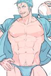  1boy abs alternate_costume aqua_shirt ball bara bare_pecs beard blue_hair blue_male_swimwear bulge cowboy_shot facial_hair harada_(basashi) holding holding_ball looking_at_viewer male_focus male_swimwear mature_male muscular muscular_male navel navel_hair nipples open_clothes open_shirt pectorals sharp_teeth shirt short_hair sideburns smile solo stomach stubble swim_briefs swimwear teeth thighs tokyo_houkago_summoners triton_(tokyo_houkago_summoners) 