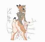  2021 ambiguous_gender anthro antlers blush butt cervid digitigrade exposed_butt fluffy fur horn looking_back mammal minimal_color multicolored_body multicolored_fur nude raised_tail rear_view simple_background solo spots spotted_body spotted_fur thorn_paw yellow_sclera 