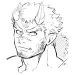  1boy bara broken_horn chest_hair cropped_shoulders facial_hair fang frown greyscale harada_(basashi) horns long_sideburns looking_at_viewer male_focus mature_male monochrome muscular muscular_male oni_horns red_oni_(tokyo_houkago_summoners) scar scar_on_chest short_hair sideburns solo stubble thick_eyebrows tied_hair tokyo_houkago_summoners 