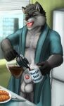  absurd_res anthro balls beverage canid canine canis coffee flaccid furry genitals gevual hi_res male mammal morning muscular nude open_mouth penis solo wolf yawn 