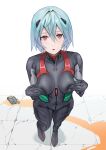  blue_hair bodysuit breast_squeeze breasts highres interface_headset masuo pilot_suit plugsuit short_hair skin_tight 