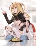  1boy 1girl amane_misa arrow_(symbol) bags_under_eyes bangs black_eyes black_hair black_shirt blonde_hair brown_eyes cake character_name copyright_name dated death_note denim desk detached_sleeves eating_hair empew eyebrows_visible_through_hair food fork holding holding_fork jeans l_(death_note) long_hair open_mouth pants pointing red_skirt shirt signature sitting skirt t-hair two_side_up white_shirt 