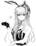  1girl animal_ears bangs bare_arms bare_shoulders blunt_bangs braid breasts bunny_ears closed_mouth commentary_request danganronpa:_trigger_happy_havoc danganronpa_(series) eyebrows_visible_through_hair gloves greyscale hair_ribbon hand_up highres kirigiri_kyouko long_hair looking_at_viewer monochrome necktie playboy_bunny ribbon simple_background solo suzumetarou upper_body white_background 