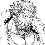  1boy bara beard cigar collarbone ded_(tokyo_houkago_summoners) face facial_hair fur-trimmed_jacket fur_trim greyscale harada_(basashi) jacket looking_at_viewer male_cleavage male_focus mature_male monochrome muscular muscular_male pectorals portrait short_hair sketch solo tokyo_houkago_summoners 