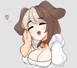  1girl :3 animal_ears bell blonde_hair blush breasts brown_hair cleavage closed_eyes dog_ears dog_girl eyebrows_visible_through_hair fang grey_background hachiko_of_castling hch_cheol highres last_origin medium_breasts multicolored_hair neck_bell open_mouth simple_background smile solo_focus touching two-tone_hair 