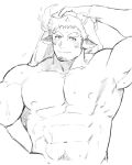  1boy abs animal_ears armpits bara blush completely_nude cow_boy cow_ears cow_horns cropped_torso facial_hair fiery_horns forked_eyebrows goatee hand_on_hip harada_(basashi) horns large_pectorals looking_at_viewer male_focus mature_male muscular muscular_male navel navel_hair nipples nude short_hair sideburns smile solo spiked_hair stomach stubble sweat thick_eyebrows tokyo_houkago_summoners towel towel_on_head upper_body wakan_tanka 