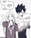  1boy 1girl artist_name black_hair blush borrowed_garments commentary haiba_arisa haikyuu!! height_difference hetero kuroo_tetsurou long_hair monochrome shirt short_hair smile speech_bubble translation_request up_sanme 