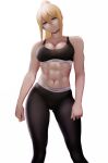  1girl abs absurdres alternate_costume black_pants blonde_hair blue_eyes breasts calvin_klein highres large_breasts looking_at_viewer metroid navel pants ponytail samus_aran simple_background sports_bra sportswear thighs white_background yoga_pants zaki_(zaki_btw) 