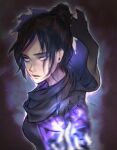  1girl apex_legends bangs black_hair black_scarf blurry blurry_foreground breasts electricity floating_scarf gloves glowing glowing_eyes grey_gloves hair_behind_ear hair_bun ma_(souseki556) medium_breasts nose_piercing open_hand parted_bangs piercing purple_eyes scarf solo upper_body wraith_(apex_legends) 