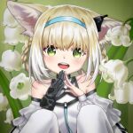  1girl :d absurdres animal_ear_fluff animal_ears arknights bangs bare_shoulders black_gloves blue_hairband braid breasts clothing_cutout collarbone commentary_request flower fox_ears gloves green_eyes hachikoto hair_between_eyes hair_rings hairband highres knees_up light_brown_hair lily_of_the_valley looking_at_viewer multicolored_hair open_mouth pantyhose shirt shoulder_cutout small_breasts smile solo steepled_fingers suzuran_(arknights) twin_braids two-tone_hair upper_teeth white_flower white_hair white_legwear white_shirt 