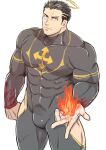  1boy bara black_bodysuit black_hair bodysuit bulge covered_abs covered_navel facial_hair feet_out_of_frame fire from_above halo harada_(basashi) hip_vent large_pectorals looking_at_viewer male_focus mature_male muscular muscular_male short_hair sideburns skin_tight solo stubble thick_thighs thighs tokyo_houkago_summoners yellow_eyes zabaniya_(tokyo_houkago_summoners) 