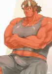  1boy arm_hair bara bare_shoulders broken_horn bulge chest_hair colored_sclera colored_skin crossed_arms erection erection_under_clothes facial_hair fang grey_shorts grey_tank_top harada_(basashi) horns large_pectorals long_sideburns looking_to_the_side male_cleavage male_focus mature_male midriff_peek muscular muscular_male navel_hair oni_horns red_oni_(tokyo_houkago_summoners) red_skin scar scar_on_chest short_hair shorts sideburns sitting solo stubble tank_top thick_eyebrows thick_thighs thighs tied_hair tokyo_houkago_summoners yellow_sclera 