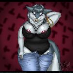  2021 anthro areola beatrix_(yarpi) bedroom_eyes belly big_breasts breasts chubby_anthro chubby_female clothed clothing curvy_figure facial_piercing female fur grey_body grey_fur hi_res huge_breasts looking_pleasured mature_female narrowed_eyes nipple_outline nipples nose_piercing nose_ring overweight overweight_female pants_down partially_clothed piercing pose red_areola seductive sergal simple_background slightly_chubby thick_thighs voluptuous wide_hips yarpi 