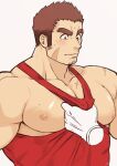  1boy assisted_exposure bara bare_pecs bare_shoulders blush brown_hair disembodied_limb facial_hair frown goatee gunzo_(tokyo_houkago_summoners) harada_(basashi) large_pectorals long_sideburns male_focus mature_male muscular muscular_male nipples red_tank_top scar scar_on_cheek scar_on_chest scar_on_face shirt_pull short_hair sideburns solo_focus spiked_hair stubble tank_top thick_eyebrows tokyo_houkago_summoners upper_body 