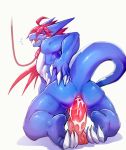  2021 agitype01 anal anal_penetration anthro anus backsack balls blue_body blue_scales bodily_fluids butt claws collar dildo dildo_in_ass dildo_penetration dragon genitals hair hi_res horn leash long_hair male penetration plantigrade raised_tail rakuo red_hair scales sex_toy sex_toy_in_ass sex_toy_penetration simple_background solo sweat sweaty_butt 