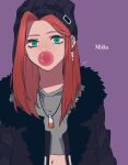  1girl absurdres apex_legends beanie black_jacket bubble_blowing character_name chewing_gum cropped_shirt earrings fur_trim green_eyes grey_shirt hair_behind_ear hat highres iyo_(nanaka-0521) jacket jewelry looking_at_viewer medium_hair mila_alexander mole_above_eye multicolored_hair navel orange_hair purple_background purple_hair purple_headwear shirt solo streaked_hair upper_body 