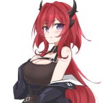  1girl arknights bangs bare_shoulders belt black_belt black_dress black_jacket breasts chest_belt cleavage closed_mouth demon_horns detached_collar dress eyebrows_visible_through_hair hair_between_eyes hair_intakes horns jacket large_breasts long_hair long_sleeves looking_at_viewer maiq06 off_shoulder open_clothes open_jacket purple_eyes red_hair short_dress simple_background solo surtr_(arknights) upper_body white_background 